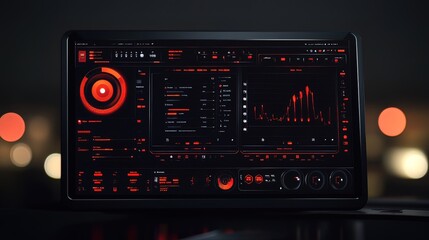Futuristic tablet displaying red data graphs, charts, and digital interface elements at night.