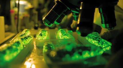 High-resolution image of beneficial bacteria cells, glowing green under a microscope, with a soft focus on the scientific instruments in the background