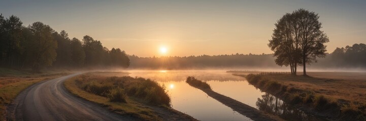 Obraz premium Misty Lake and road at sunset