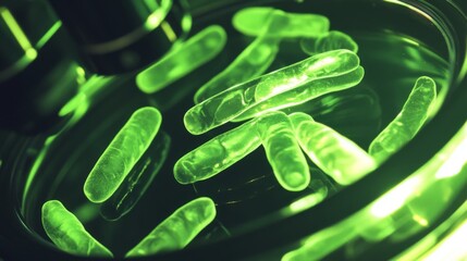 High-resolution image of beneficial bacteria cells, glowing green under a microscope, with a soft focus on the scientific instruments in the background