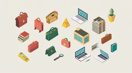 Vector of various job-related icons, such as briefcases, office buildings, and laptops.