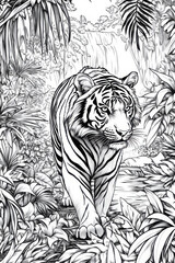 Tiger walking through a dense jungle with a waterfall in the background, surrounded by lush tropical foliage, black and white line art