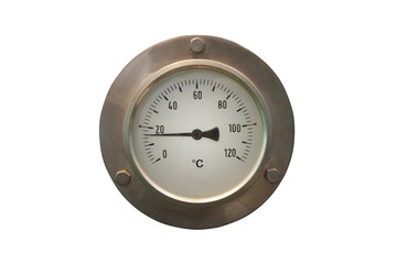 Temperature gauge in degrees Celsius isolated on white background. The coolant temperature is...