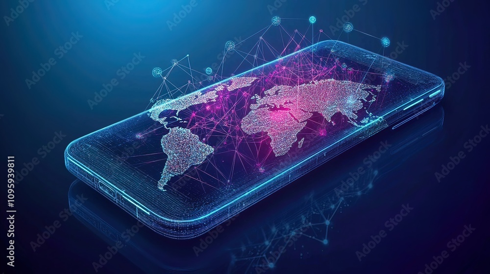 Poster global network connection visualized on a smartphone screen, showcasing worldwide connectivity and d