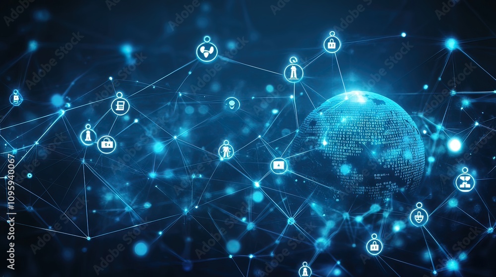 Aufkleber global network connection with glowing nodes and lines, representing worldwide communication and dat