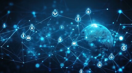 Obraz premium Global network connection with glowing nodes and lines, representing worldwide communication and data exchange.