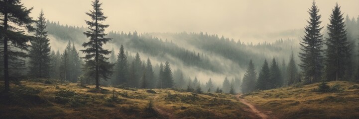 Fototapeta premium Misty landscape with fir forest in vintage retro style