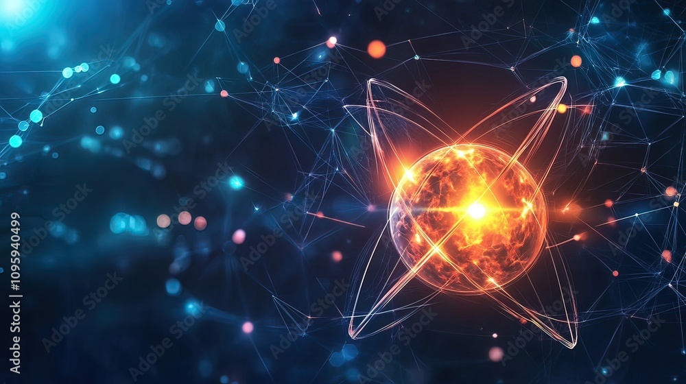 Poster glowing orb within complex network; abstract digital illustration.