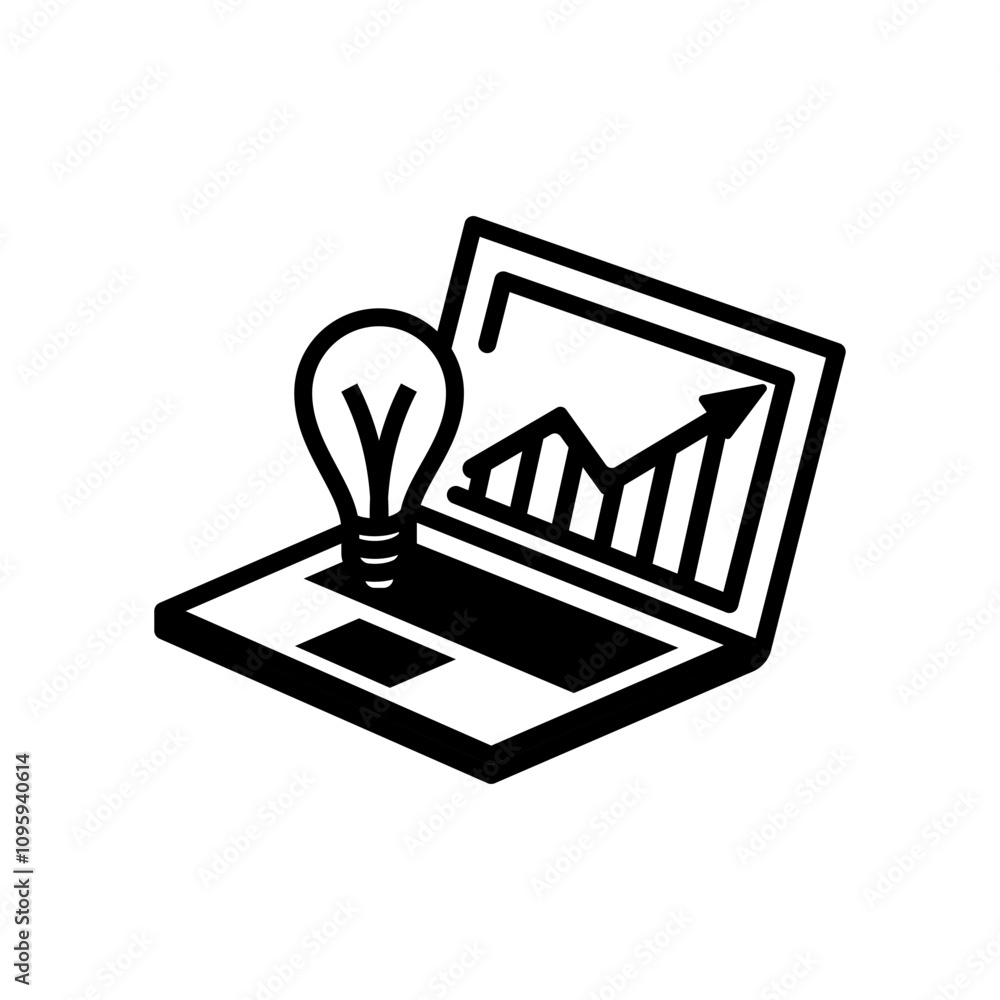 Poster collection business idea icon design with combination of light blub and laptop display of statistic 