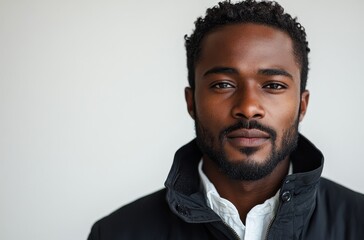 Obraz premium African American man in a black jacket posing with confidence outdoors