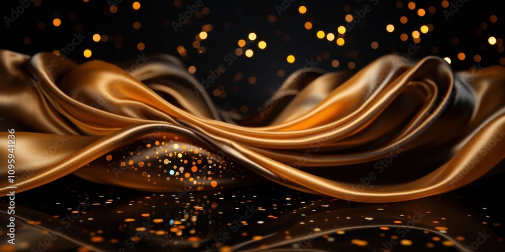 Poster dark background with golden glowing particles and luxurious fabric flowing elegantly creating a magi