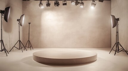 Circular Elevated Podium in Brightly Lit Studio with Professional Stage Lighting and Neutral Background for B2B and B2C Events