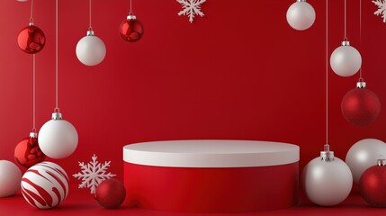 A podium with red and white Christmas decorations, with ample free space for adding a holiday promotion.