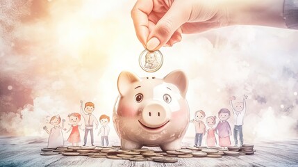 Building a Future: Close-Up of Saving Money with Coins and Family Cutouts – Perfect for a Warm, Responsible Atmosphere in Your Home or Office Decor, Ideal for Inspirational Posters!