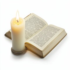 Lit candle beside open, antique book.