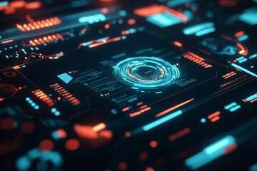 Obraz premium Futuristic digital interface with holographic elements and glowing data visualization.