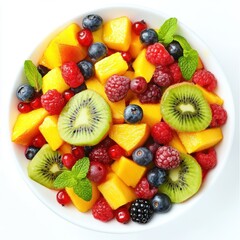 Obraz premium Fresh fruit salad in a bowl with mango, kiwi, raspberries, blueberries and mint.