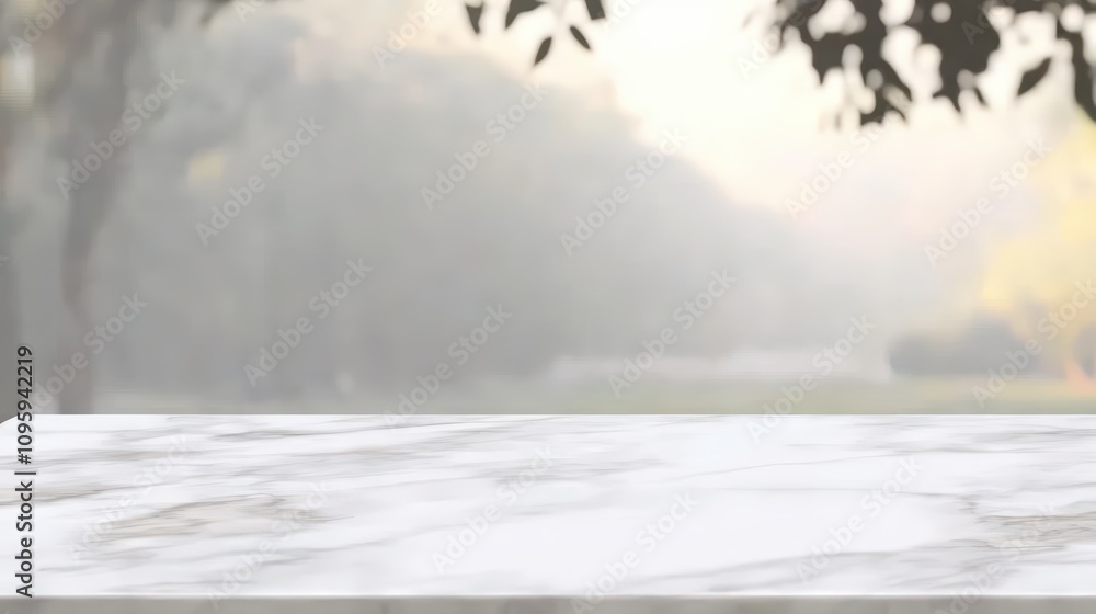 Poster empty white marble stone table top with blurred natural background captured in soft light creating a