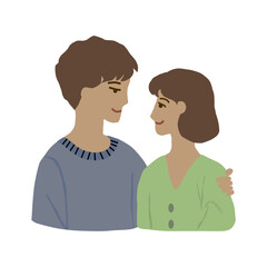 A man and a woman in love are looking at each other and hugging each other.