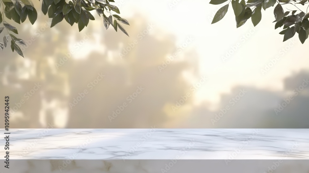 Poster empty white marble stone tabletop surrounded by blurred natural greenery in soft light ideal for bac