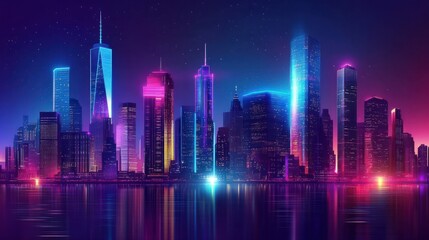 City skyline with neon lights, futuristic buildings. Skyscraper futuristic city.