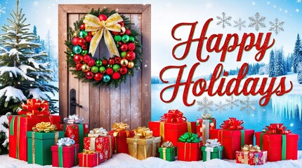 Christmas and New Year greeting card with christmas decoration and gift box