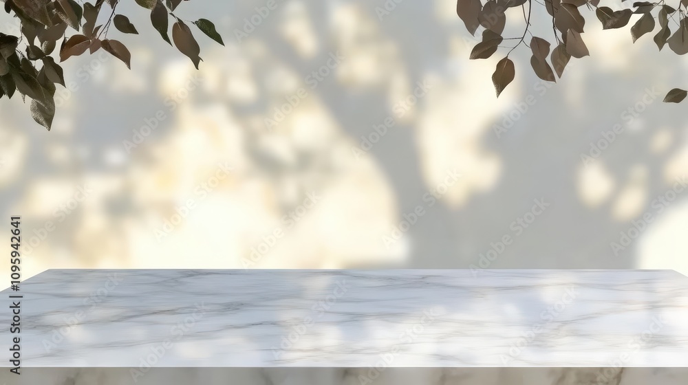 Aufkleber empty white marble stone tabletop with blurred natural background and subtle shadows creating a mini