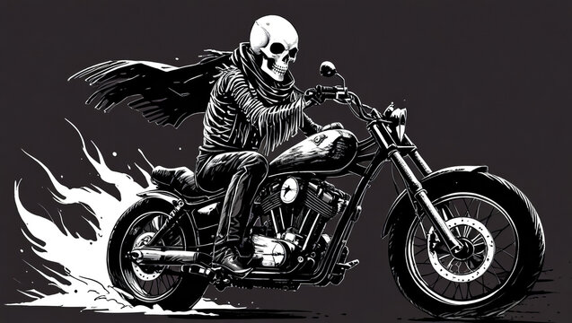 Skeleton riding a motorcycle in a dark and surreal landscape with dynamic motion elements