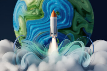 A rocket launches into space amidst clouds, with a colorful Earth in the background, symbolizing exploration and adventure.