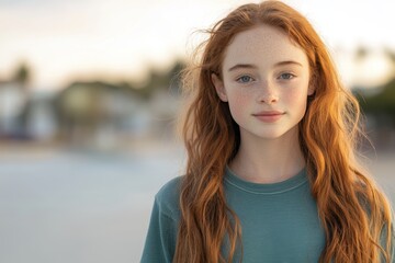 A young redhead girl with freckles looks at the camera with a neutral expression.