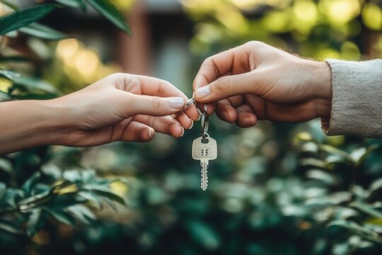 Hands exchanging keys in a garden scene.