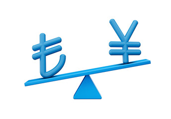 3d Blue Lira And Yen Symbol Icons With 3d Blue Balance Weight Seesaw, 3d illustration
