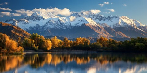 Fototapeta premium Autumn Reflection with Snowy Mountains