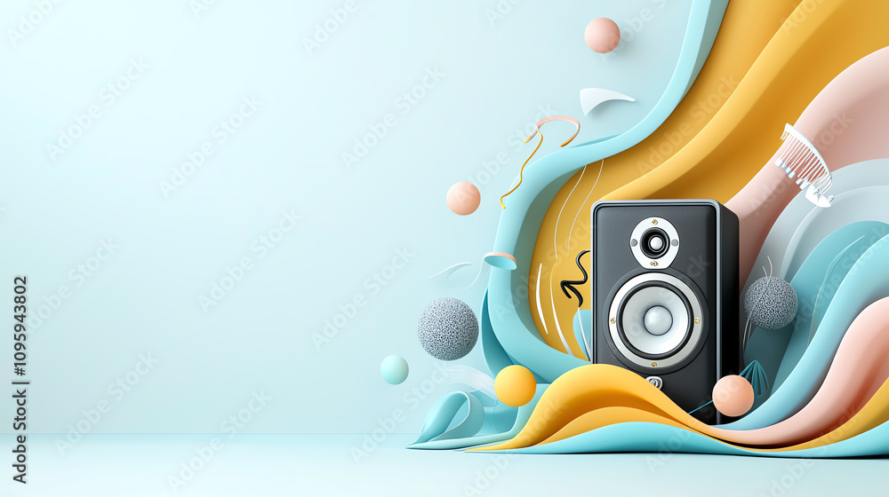 Poster dynamic sound resonance abstract speaker design in minimalist environment creative layout vibrant co