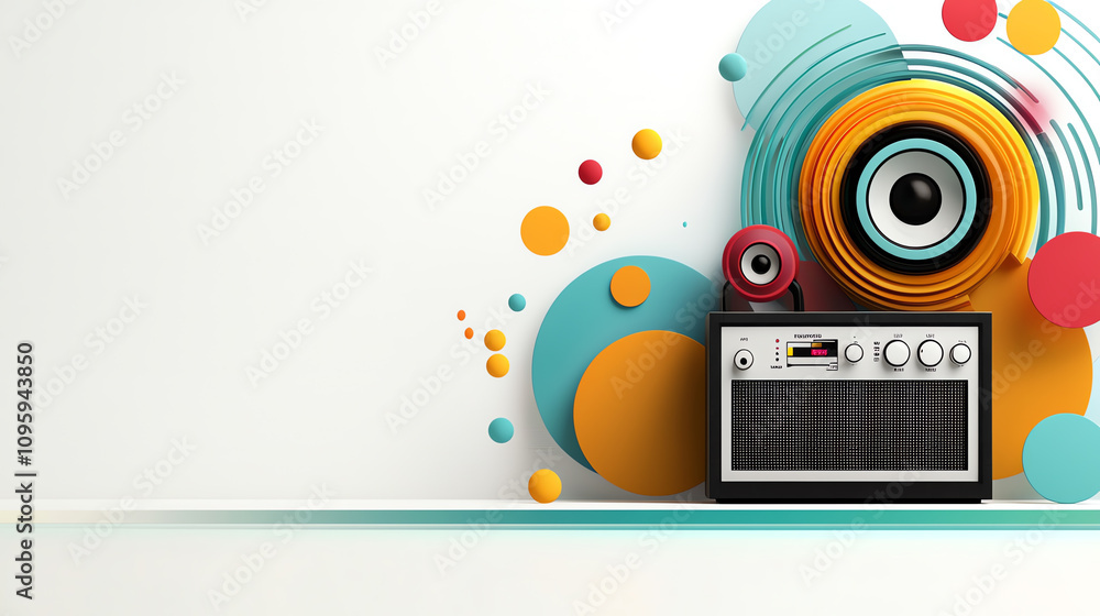 Poster exploring sound resonance artistic radio design in a vibrant setting modern home decorative element 