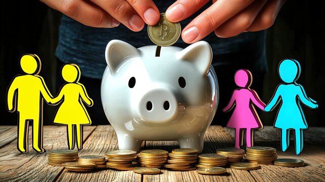 Warm Conceptual Financial Poster: White Piggy Bank, Coin Insertion, Family Cutouts & Coins - Perfect for Inspiring Future Savings in Home or Office Décor!