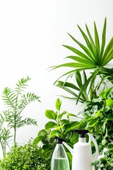 Obraz premium Lush green plants, spray bottles, home gardening.