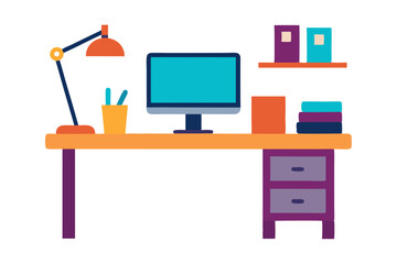 Office Desk with Computer | isolated silhouette vector illustration on white background