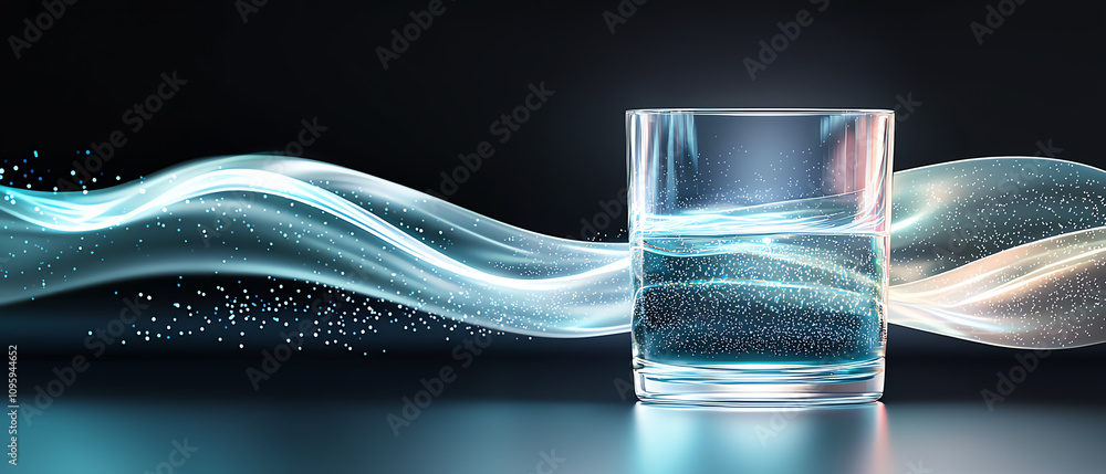 Poster resonating waves of sound and voice from a glass of water indoor setting abstract art calming enviro