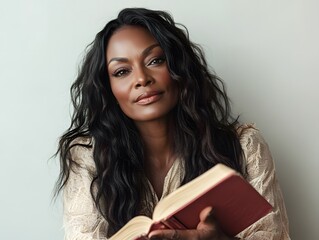 Photo of A relaxed trendy mixed-race african middle aged woman with long wavy hair with book