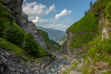 Traveller hiking on Alpine trail by cool waters of rocky stream in mountain landscape