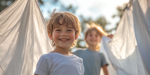 Two happy children playfully interacting outdoors with white sheets. The image captures joy and innocence in a carefree moment. Ideal for family content and lifestyle themes. AI