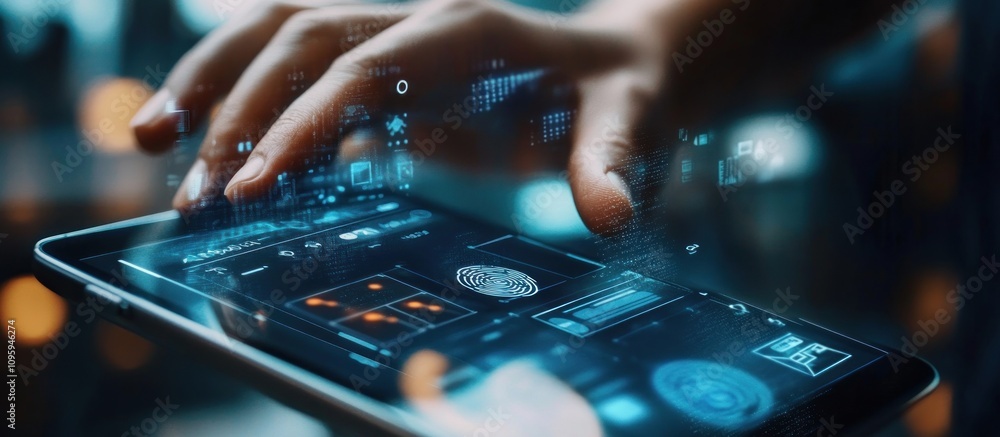 Poster close-up of hands using futuristic tablet with holographic interface.