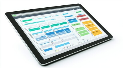 A sleek tablet displaying an advanced scheduling application. The interface showcases colorful calendar entries. Perfect for productivity and organization. Generative AI