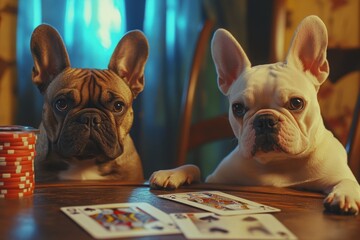 French bulldogs playing cards