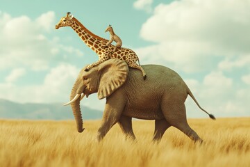 Fototapeta premium Giraffe riding an elephant on field. Friendship and cooperation concept