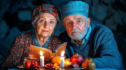 A poetic Yalda Night scene with an elderly couple reading 'Yalda night table, pomegranate and nuts, candles glowing