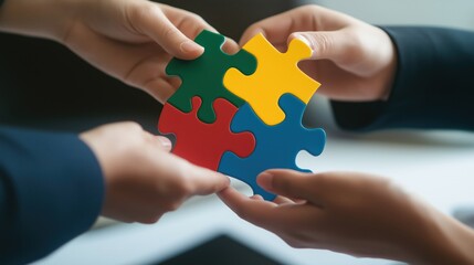 A group of hands holding colorful puzzle pieces, symbolizing teamwork, collaboration, and problem-solving in a professional setting.