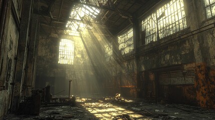 Sunbeams Illuminate Derelict Factory Interior Space