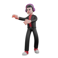 3D Choreographer Dance Performer. A male choreographer sits on a speaker with his palm facing up with an explaining expression. Cartoon Model